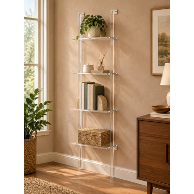 Étagère échelle moderne à 4 niveaux en acrylique transparent, 24 cm de profondeur x 39,5 cm de largeur x 150 cm de hauteur, bibliothèque murale multifonctionnelle pour petits espaces, salon, salle de bain ou bureau