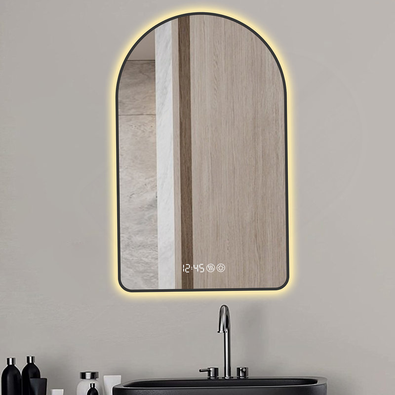 Miroir arqué 28 po x 48 po à DEL pour salle de bain, affichage de l'heure et de la température, rétroéclairage, antibuée, à intensité variable, avec trois températures de couleur - Miroir de salle de bain moderne, parfait pour un évier, cadre no