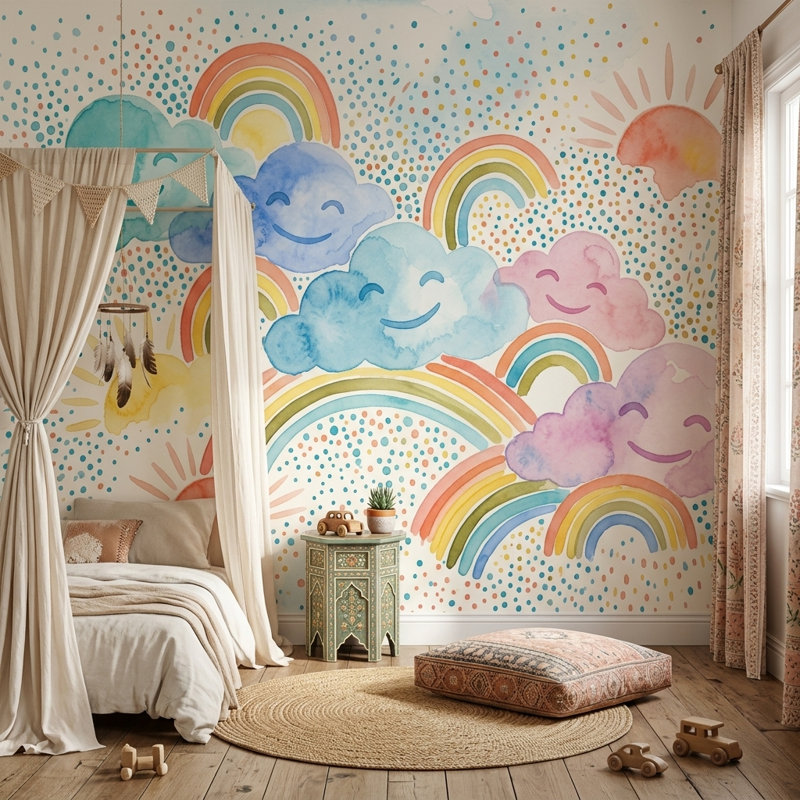 Papier peint blanc avec chambre d'enfant, Non tissé, 120 po x 96 po