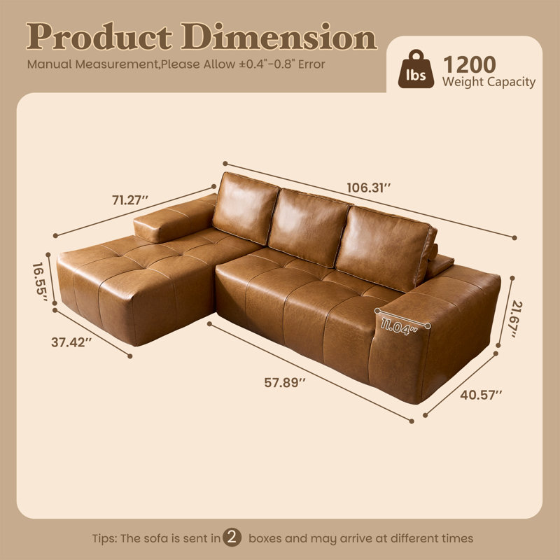 Boneless 114'' Modern Faux Leather Sectional Sofa With L-Shaped Chaise, Deep Seat Modular Couch For Living Room Or Bedroom, Upholstered Sofa, No Assembly Needed