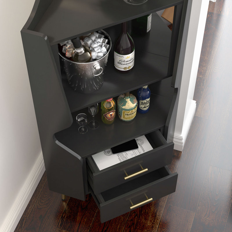 Bar en bois avec 2 tablettes de rangement ouvertes et 2 tiroirs, Noir