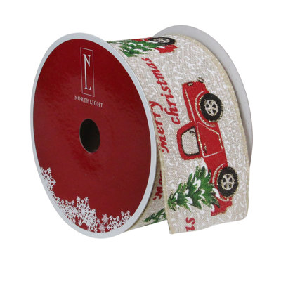 Green and Red Vintage Trucks with Christmas Trees Wired Craft Ribbon 2.5" x 16 Yards