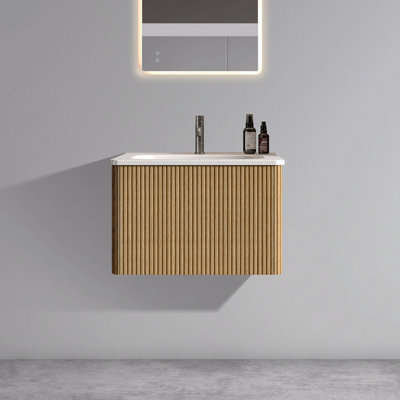Bathroom Vanity With White Ceramic Sink, Wall Mounted Floating Design For Modern Bathroom