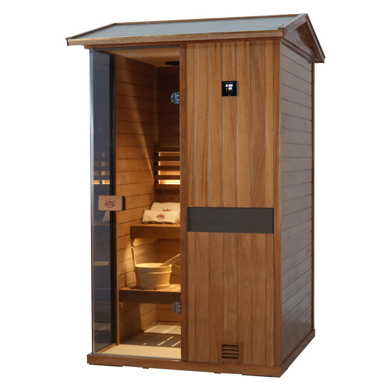 Samsora Outdoor Traditional Steam Sauna for 1-Person, 2500W/240V, Mid-Infrared Lamp, 95℉-230℉, Mahogany Wood, Built-In Bluetooth Speaker, Includes Sauna Heater and Sauna Stone, Negative Ion Board