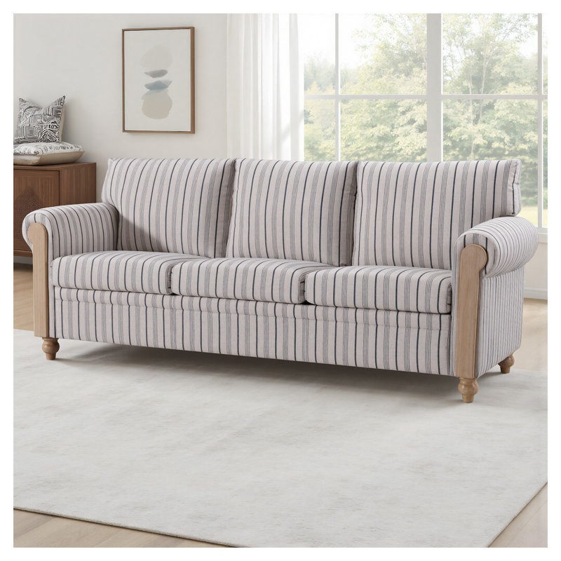 Canapé 3 places, mélange de polyester à rayures bleues et blanches avec accoudoirs roulés - Mobilier de salon confortable avec coussins de siège amovibles