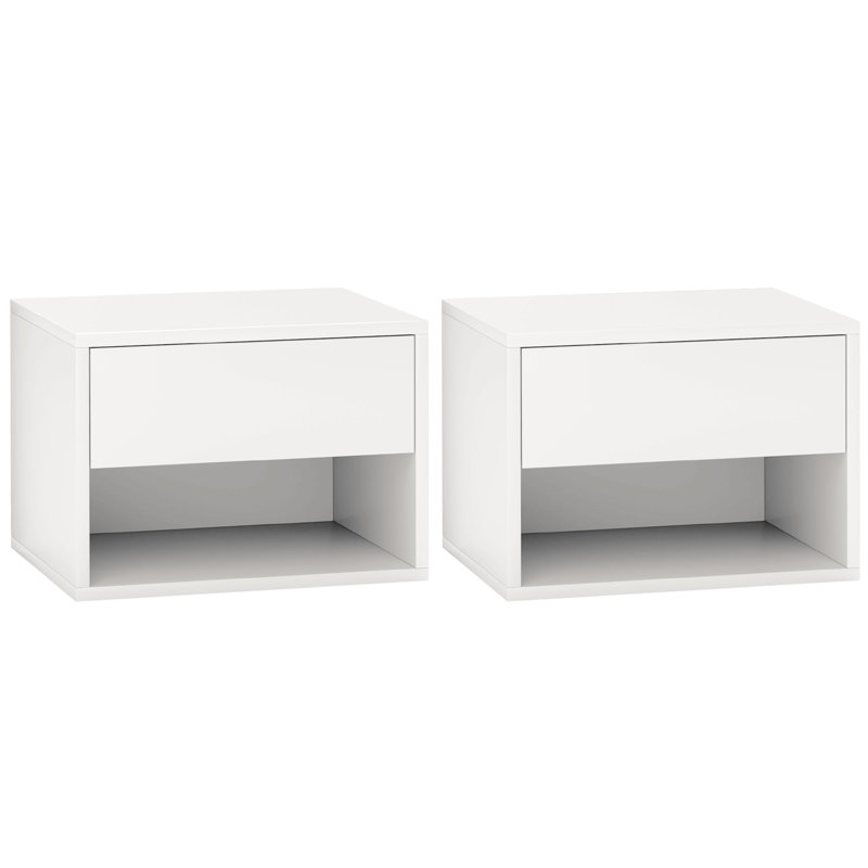 Floating Nightstand Set of 2 with Drawer and Shelf, White