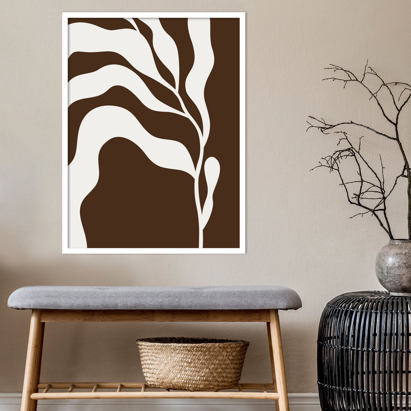 Retro Matisse Inspired Abstract Botanical 2 Brown, White, 33" H x 25" W x 1" D