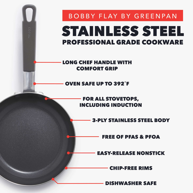 Bobby Flay by GreenPan PFAS-Free Nonstick Stainless Steel 12” Frypan with Lid