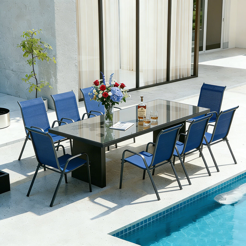 Chaises de patio empilables toutes saisons, tissu en textilène durable avec accoudoirs, structure en métal robuste, chaises de salle à manger ergonomiques à séchage rapide pour l'extérieur pour la cour et la piscine (bleu marine, 8 pièces)