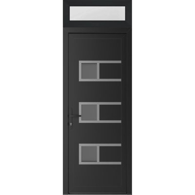 Porte d'entrée extérieure prémontée en PVC-U, fini métal-plastique, modèle Manux 8933, noir mat, avec imposte latérale et cadre supérieur. Convient aux bureaux, aux commerces et aux habitations. Dimensions : 30 x 94 pouces (L 30 x H 80 + 14 pouces). Ouverture à droite vers l'intérieur.