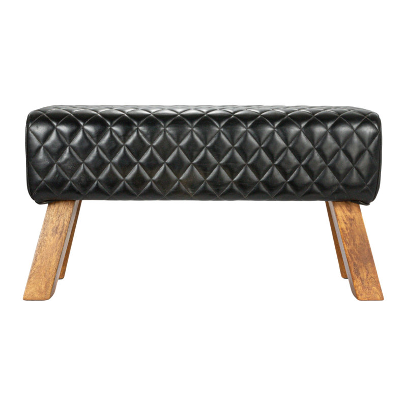 Banc en cuir véritable cousu Elijah avec pieds en bois de manguier, noir, Noir, noir, noir, noir