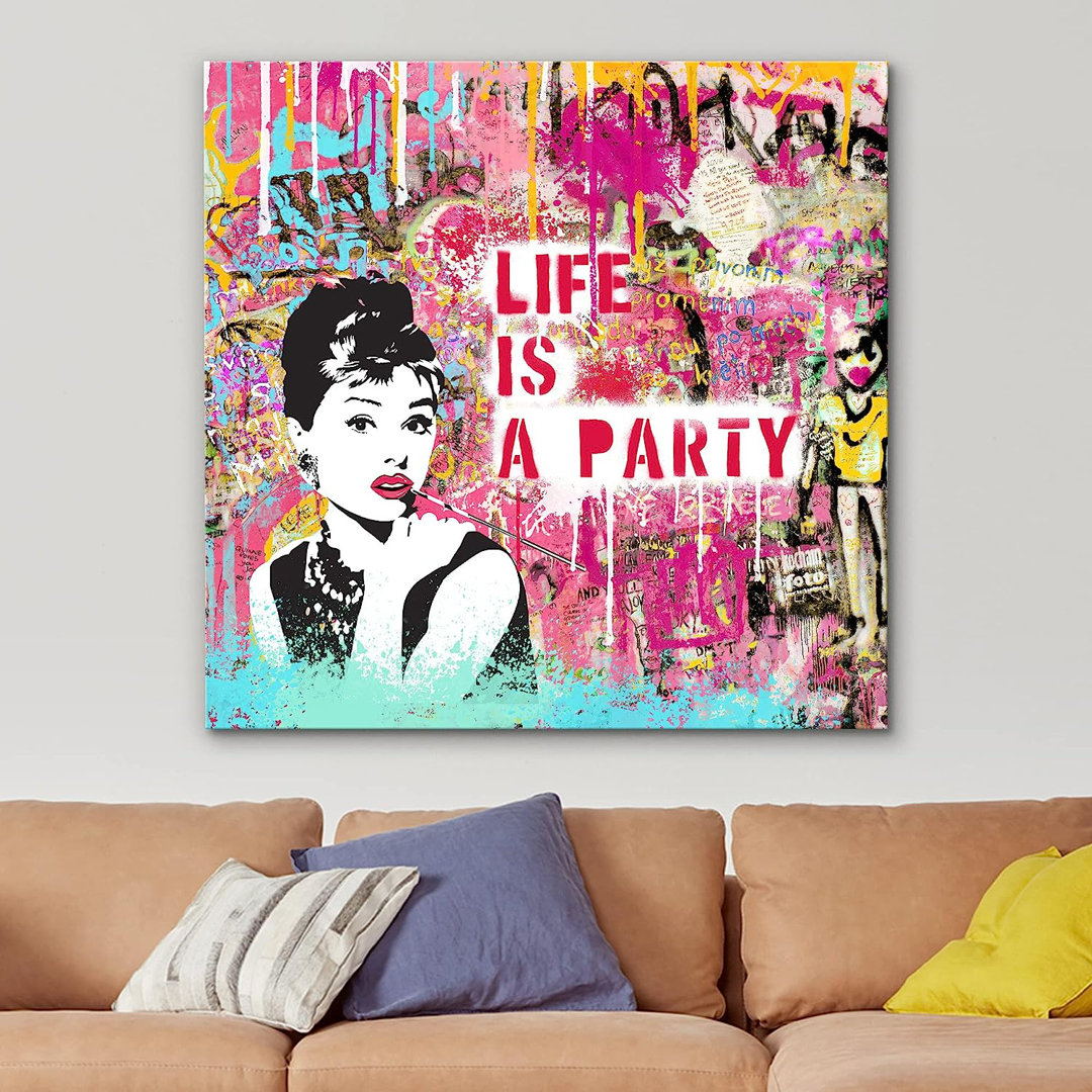Life Is A Party, Vibrant Colorful Audrey Hepburn Banksy Pictures On Canvas Print Wall Art IDEA4WALL
