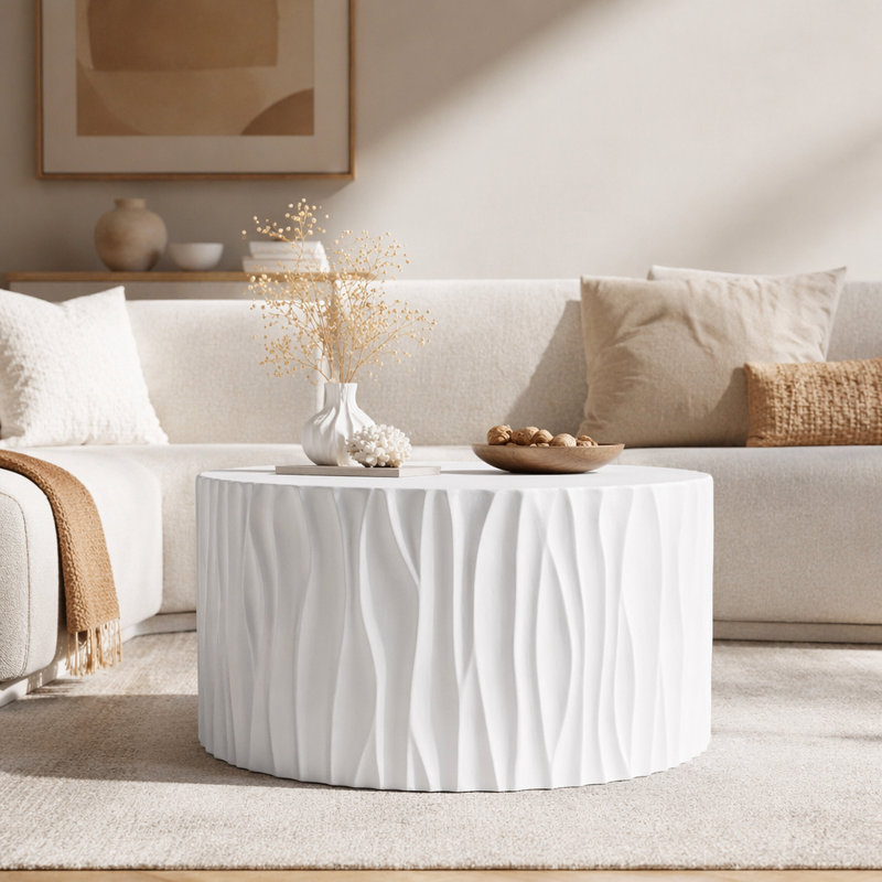 Table basse d'extérieur blanche moderne avec motif cannelé ondulé - ronde de 26,77 po, H 14,76 po, matériau MGO, capacité de 66 lb, sans assemblage pour patio, jardin ou balcon