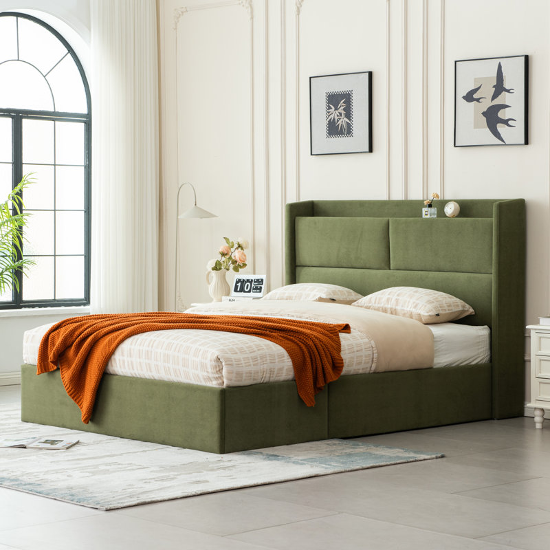 Upholstered Platform Bed with Hydraulic Lift, Queen, Green