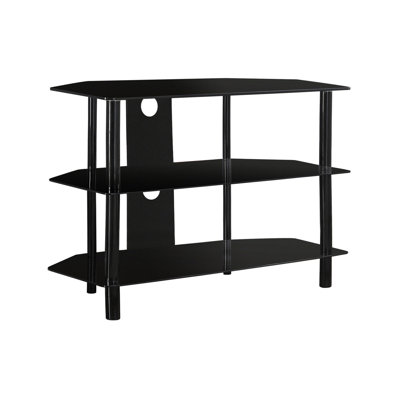 Meuble télé, console de 36 po, meuble multimédia, tablettes de rangement, salon, chambre à coucher, métal noir, verre trempé transparent, contemporain, moderne