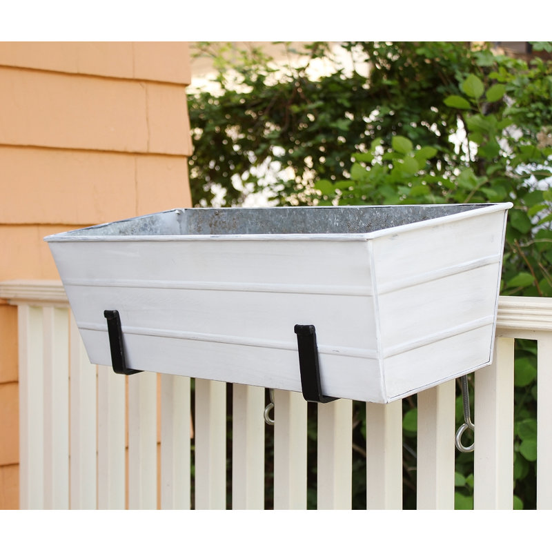 Medium White Galvanized Steel Flower Box with Black Brackets
