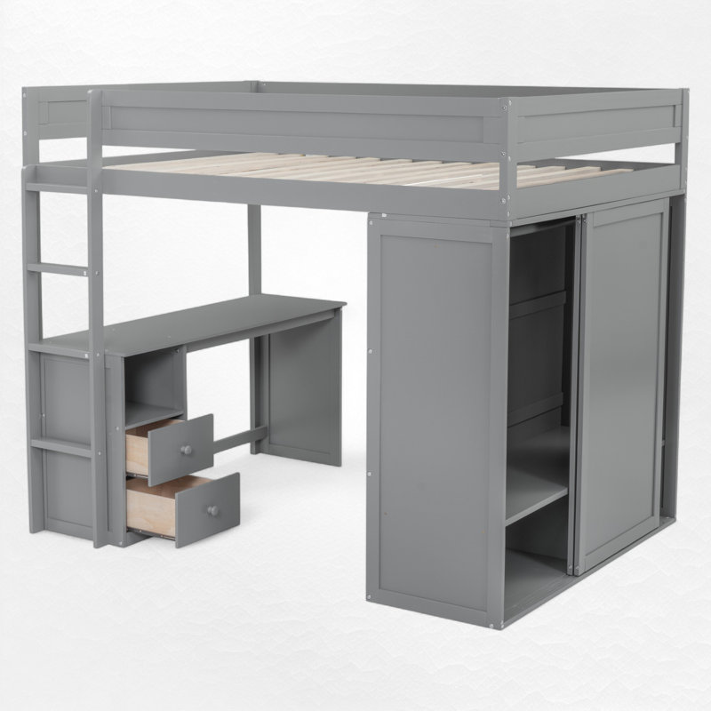 Lit mezzanine avec bureau intégré et garde-robe, Double, Grey
