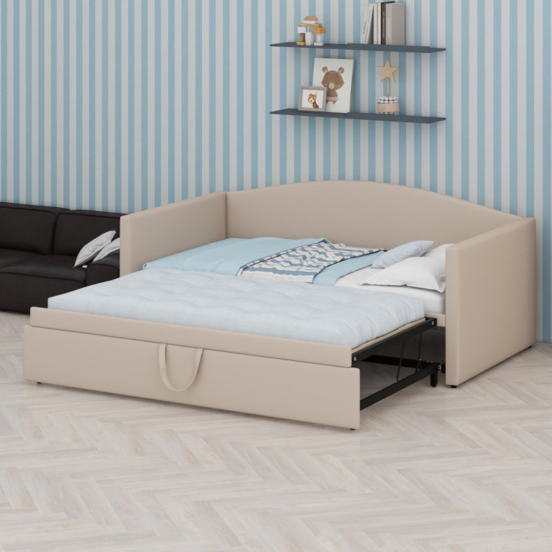 Daybed With Extended Pop Up Trundle, Beige