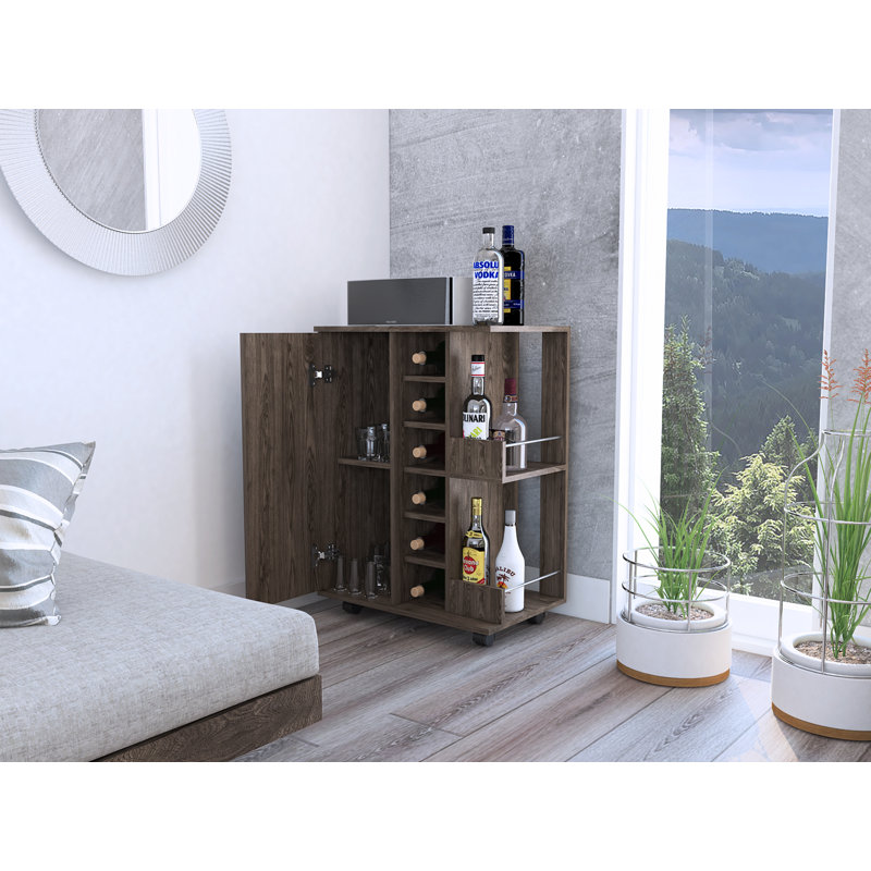 Bar Cart Wells, Four Casters, Dark Walnut Finish, Walnut