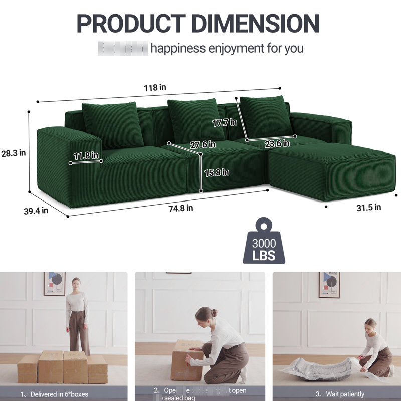 Lit de 118 pouces, conversion, velours en velours côtelé, mousse haute densité, trois sièges, idéal pour faire du yoga à la maison