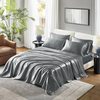 Drap simple gris 100% satin - luxueux, froissé, doux pour la peau et les cheveux, 1 drap plat, 4 taies d'oreiller à bout ouvert réduit les bris,