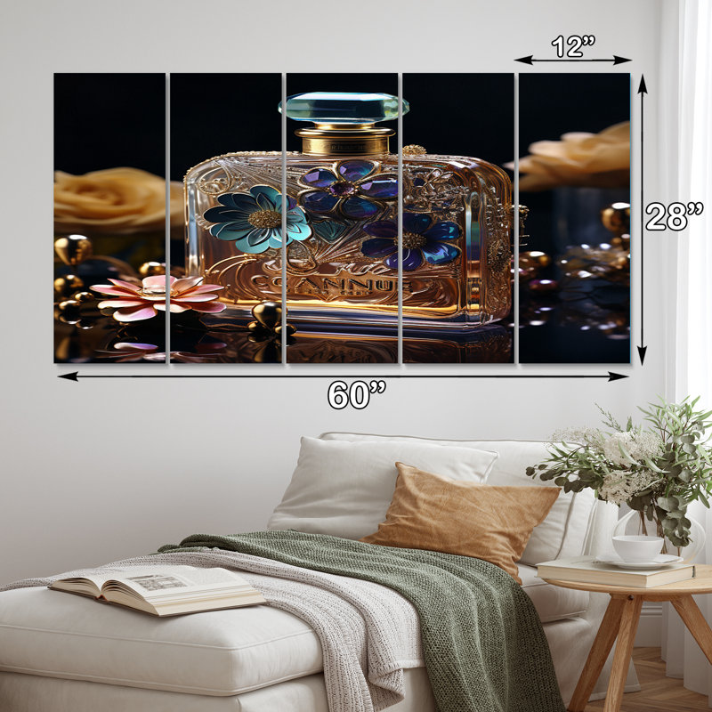 Bouteille de parfum rétro avec fleurs II, art mural sur toile, 5 panneaux égaux