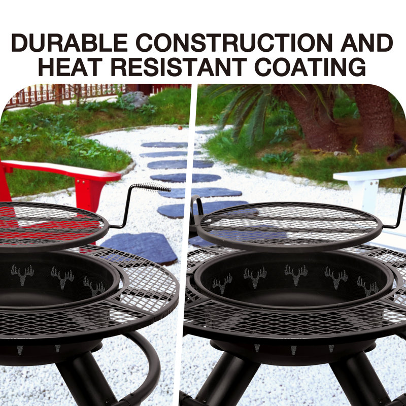 Arlmont & Co. Large 47" Wood Burning Fire Pit Outdoor Backyard Patio Fire Pit With Cooking Grill Grate, Deer Head Style