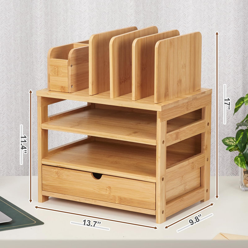 Natural Bamboo Desk Organizer with Adjustable Pen Holder and Drawer