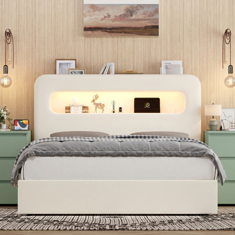 Upholstered 3-Piece Storage Bedroom Set, Cream White/ Green, Full