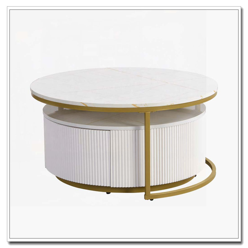 Round Nesting Coffee Table Fluted with Drawer, White