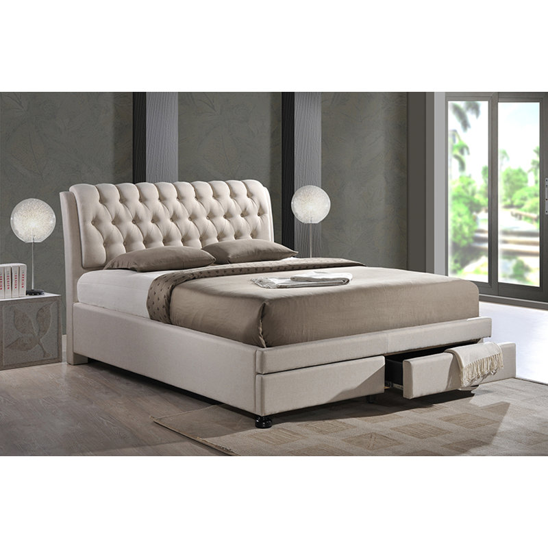 Melwin Upholstered Platform Storage Bed, Queen, Light Beige