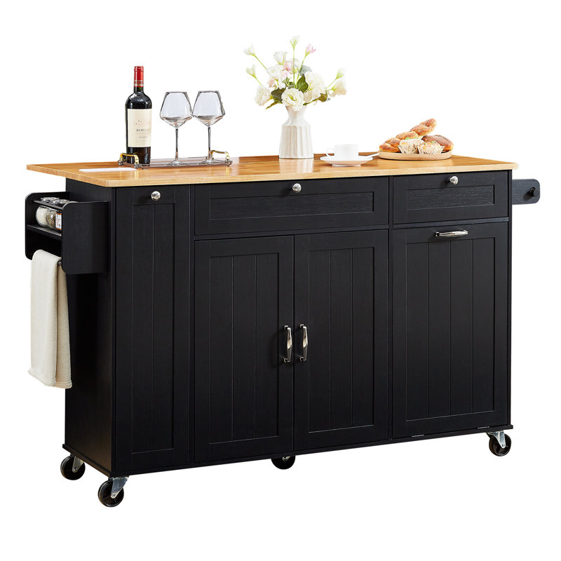 61.5" Rolling Kitchen Island with Trash Storage Cabinet, Spice Rack, Large Storage Cabinets, Power Outlet and Locking Wheels
