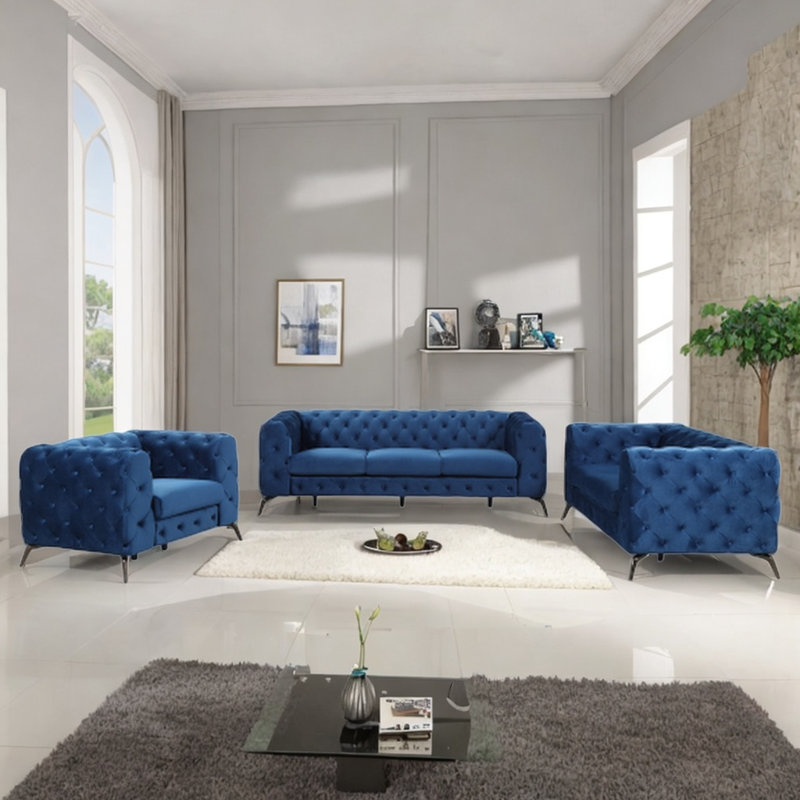 Ensemble de canapé en velours 3 pièces Kalub, Velours bleu