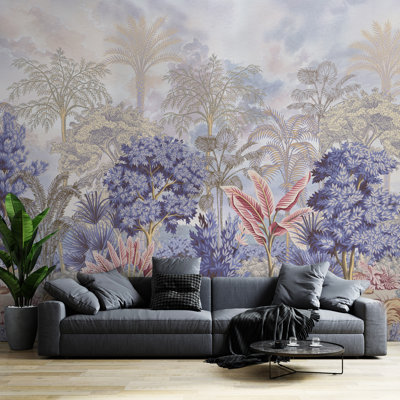 Papier peint pastel forêt tropicale, mauve, feuillage rose