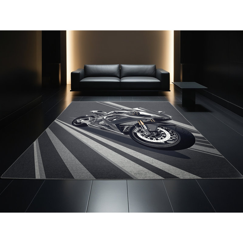 Soft Plush Eddleman Sport Motorcycle Sleek & Chic Modern Geometric Area Rug in Gray – Gray Binding, 3x5