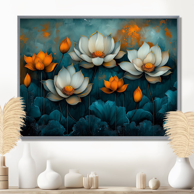 «Illana White Orange Radiant Lotus», art mural sur toile Lotus, H 24 po x l 32 po, Picture Framed, Argent argent