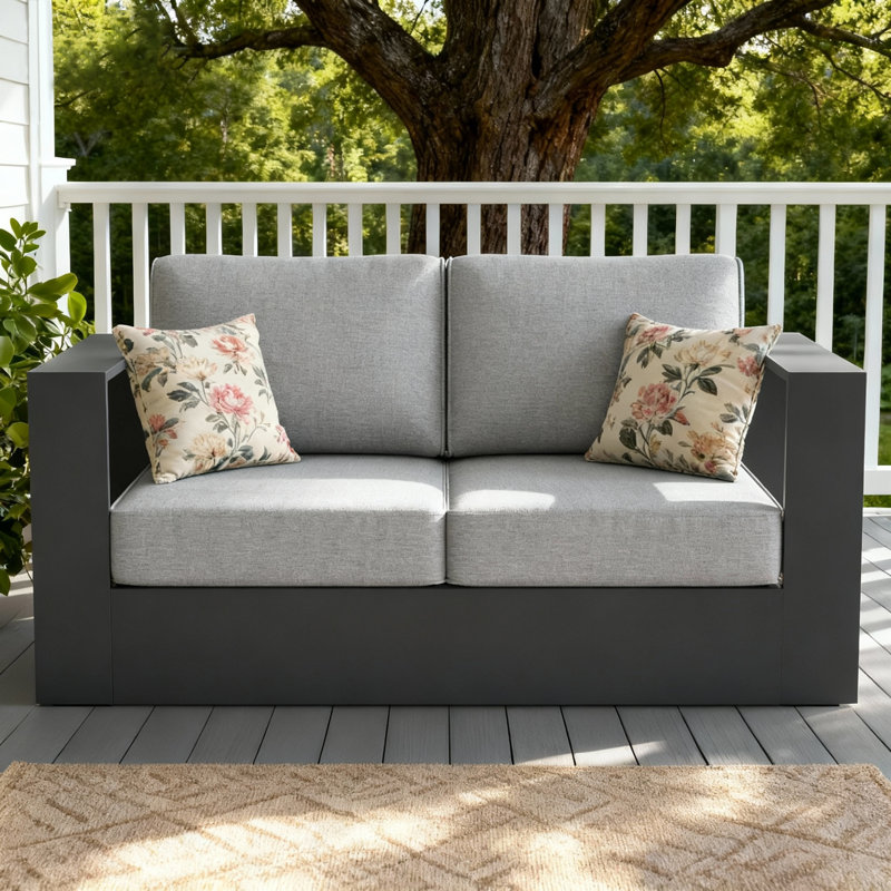 Modern Outdoor Aluminum 2-seater Loveseat With Cushions, Gray Cushion/Black Frame