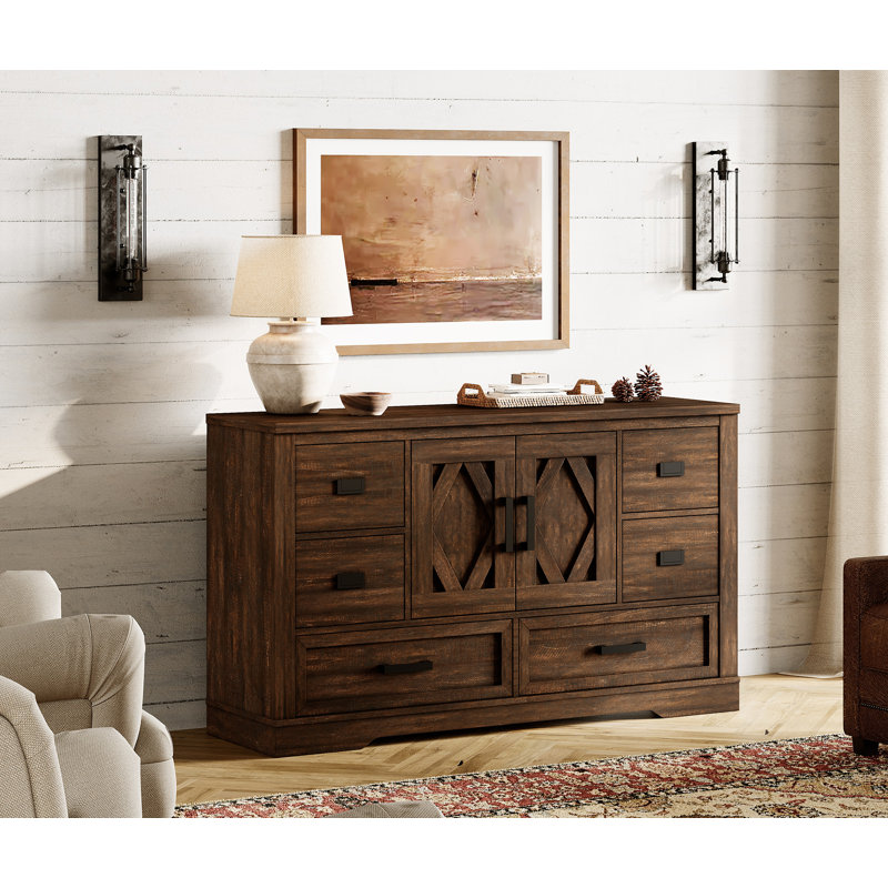 Glenford 54"W Modern Farmhouse Rustic Storage Cabinet With Barn Doors & 6 Drawers, Adjustable Shelves, Scratch-Resistant Tree Bark Finish