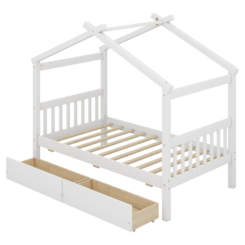 Wooden House Bed With Drawers, White, Full / Double