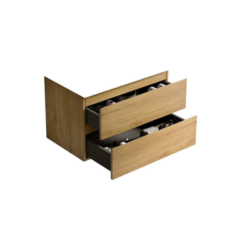 Armoire murale en chêne naturel - Rangement de salle de bain à deux tiroirs avec rangement moderne et minimaliste pré-assemblé