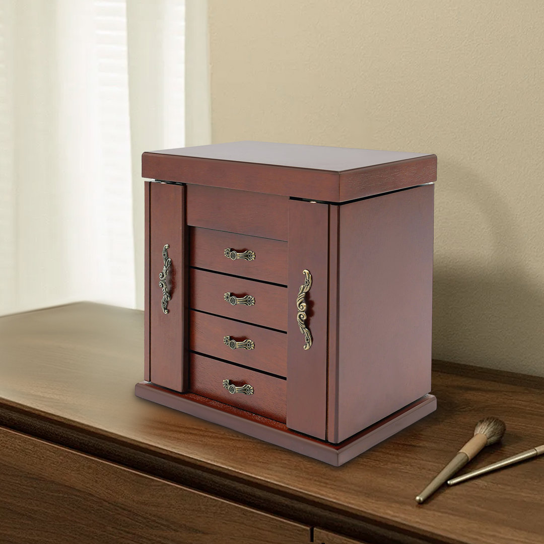 5 Layers Portable Wooden Jewelry Storage Box with Mirror and 2 Swing-Out Cabinets House of Hampton®