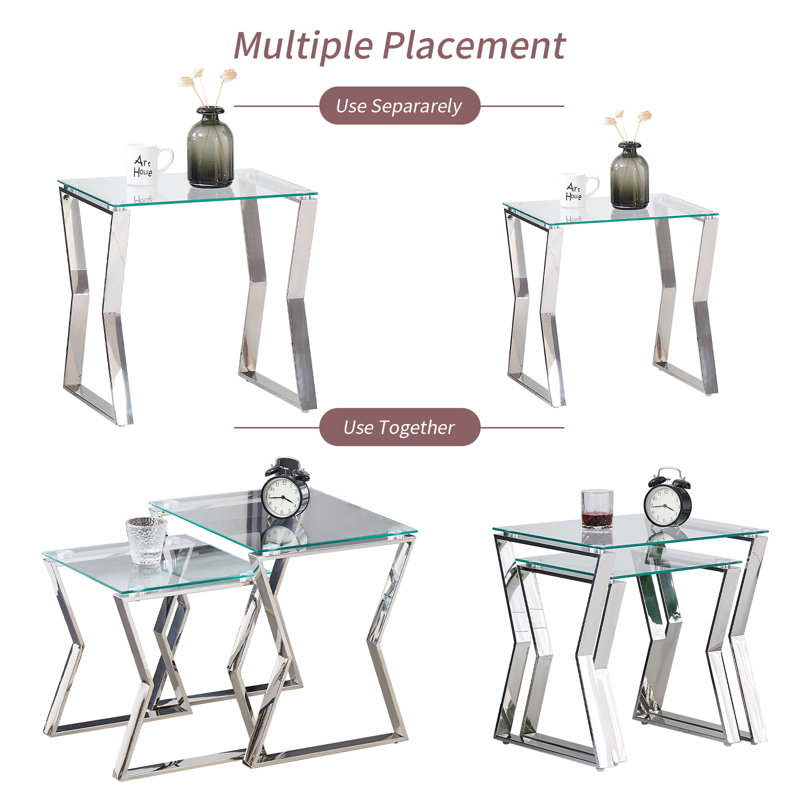 Set of 2 Nesting Glass End Tables with Angled Metal Frames , Silver Base&Clear Top