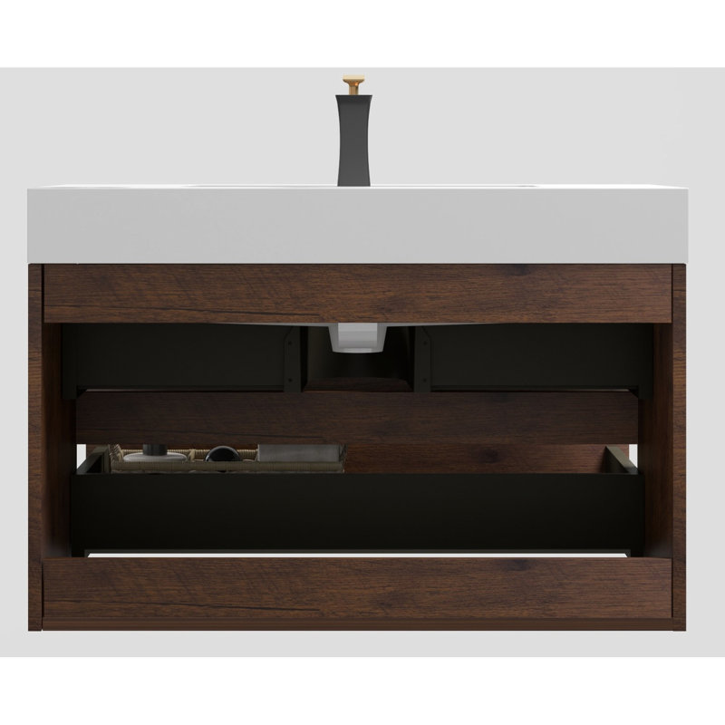 Meuble-lavabo en noyer avec évier 36 po - Grand rangement, lisse et silencieux, moderne, évier avec poignée