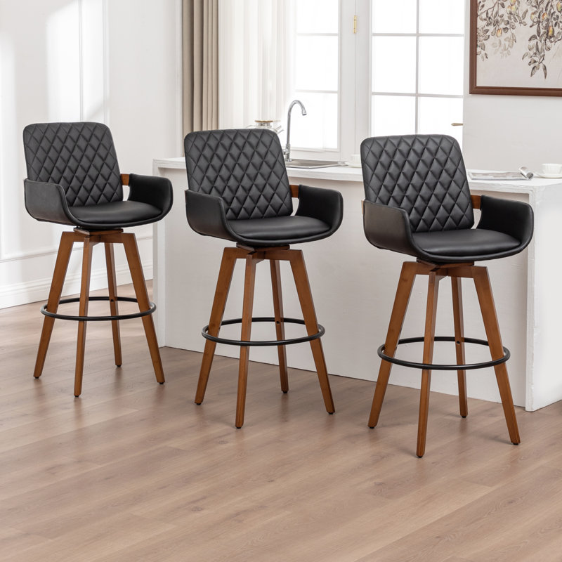Swivel Upholstered Poplar and Walnut Upholstered and Solid Wood Bar Stool with Solid Wood Frame, Black, 3