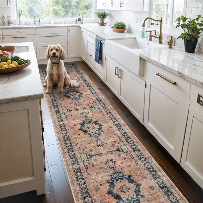 Hallway Washable Rug - Kitchen Rugs Entryway Rug Vintage Soft Floor Mat Non Slip Indoor Farmhouse Carpet for Bathroom Living Room Bedroom (Orange)