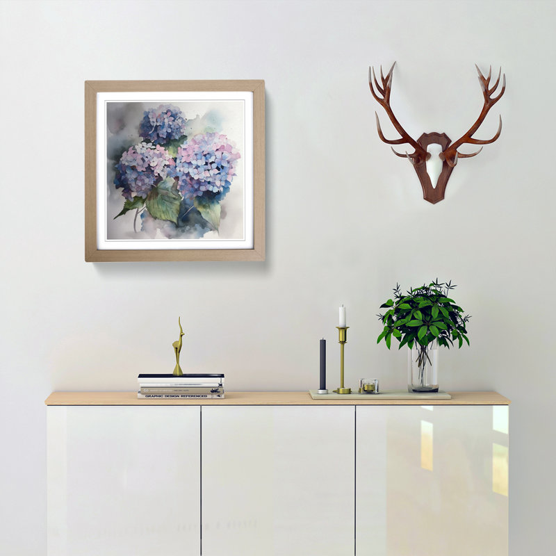Hydrangea Watercolour No.1 - Single Picture Frame Print on Wood, Oak
