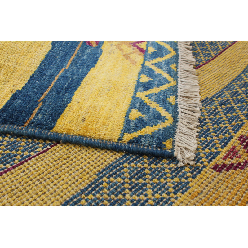 Tapis unique bleu foncé / orange / jaune en laine noué à la main de style années 2010 de 5 pi 5 po x 7 pi 10 po Arcie