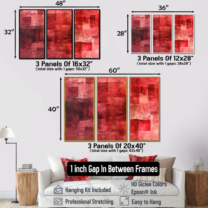 «Cubist Red Secrets - Abstract Collages», ensemble d'art mural, Cadre flottant doré, H 32 po x l 48 po x P 1 po