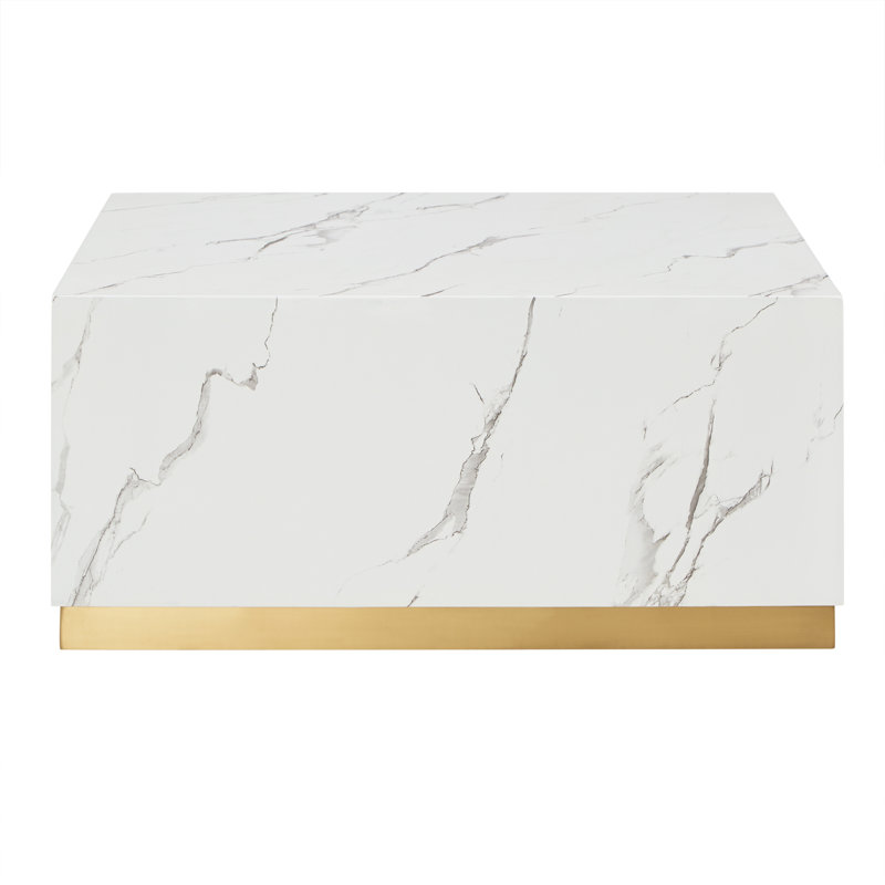 Table carrée en marbre romain avec roulettes, H 16 po x l 35 po x P 35 po, Blanc