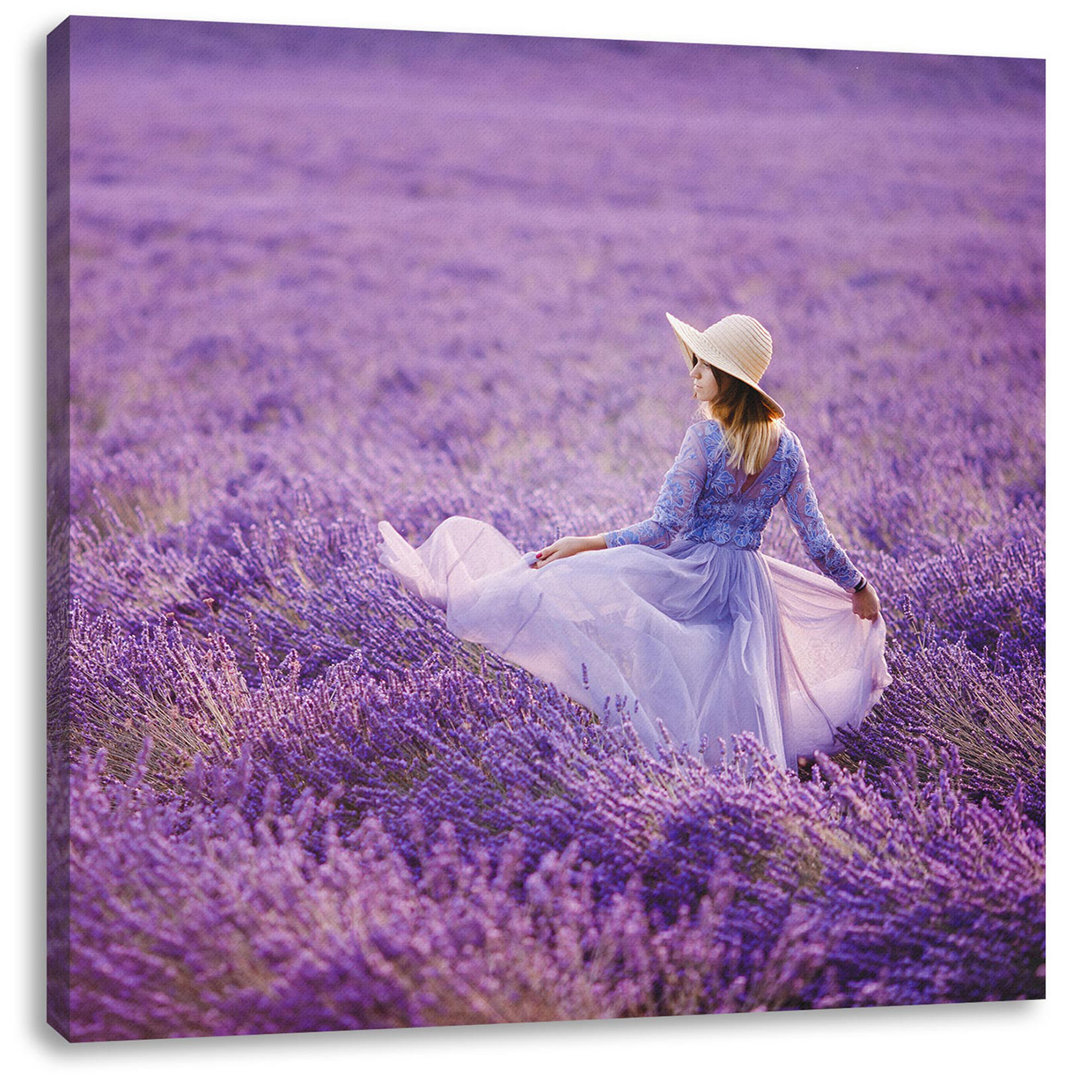 Leinwandbild Woman in Dress Running Through Lavender Field